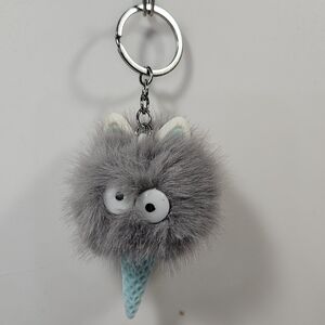 Gray Fuzzy Ice Cream Keychain – Cute Pom Pom Monster with Blue Cone
